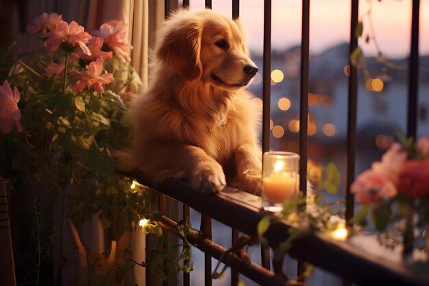 A very cute small balcony with some amazing flower plants night view with some fairy lights hanging