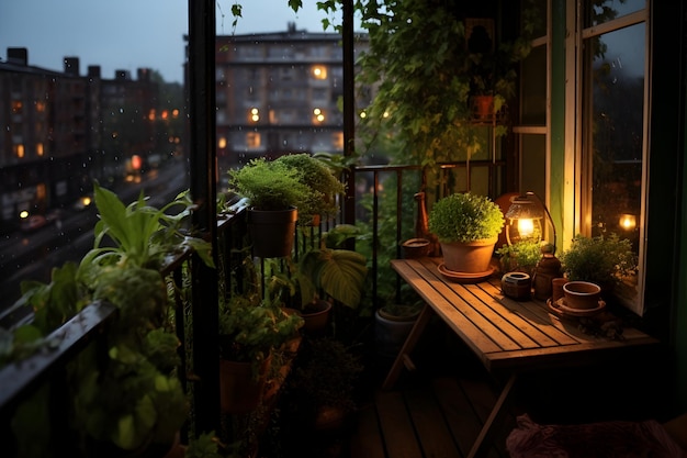 素晴らしい緑の植物が植えられたとてもかわいい小さなバルコニー 夕方、雨がゆっくり降ってきます