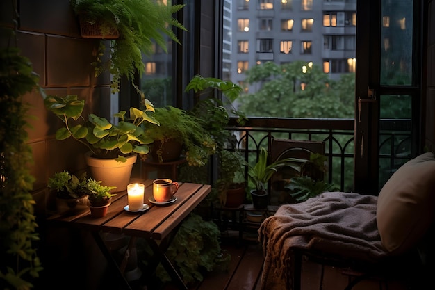 a very cute small balcony with some amazing green plants rain is coming slow evening