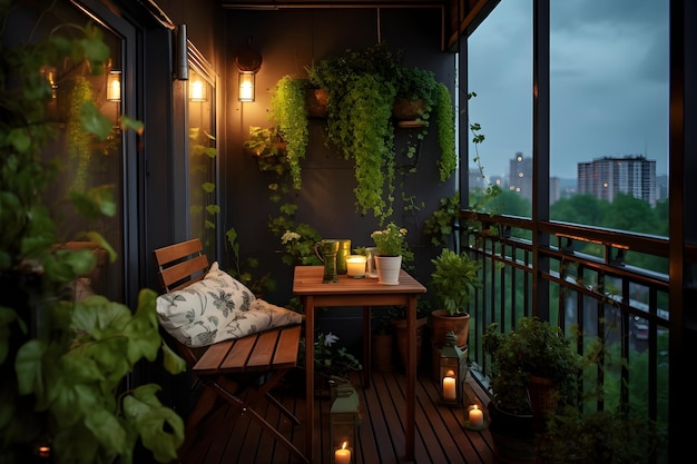 a very cute small balcony with some amazing green plants rain is coming slow evening