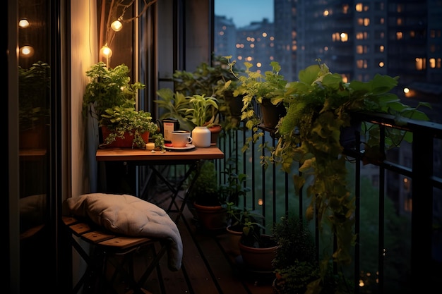 素晴らしい緑の植物が植えられたとてもかわいい小さなバルコニー 夕方、雨がゆっくり降ってきます