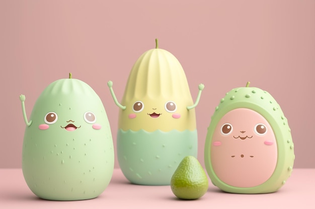 とてもかわいい 3 つのアボカドの 3 d キャラクター