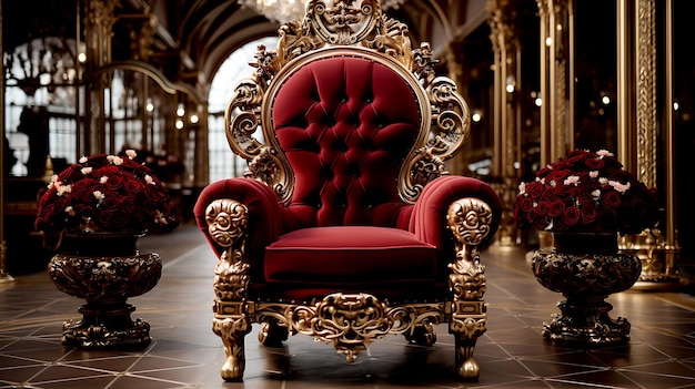 Very decorated empty throne in the castle hall