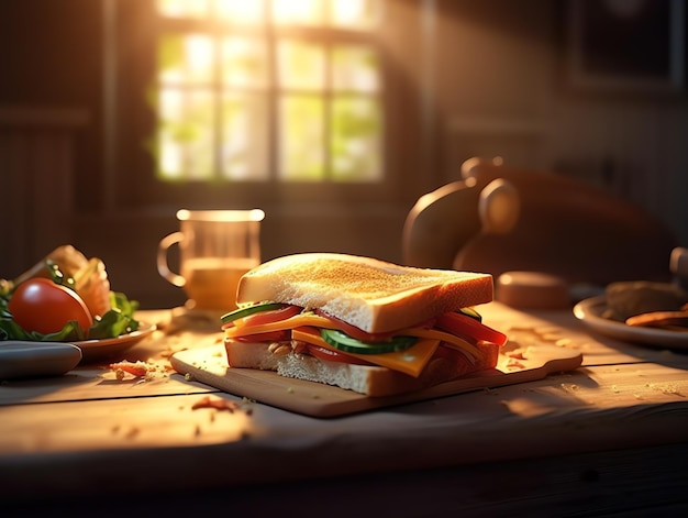 Very delicious and appetizing looking sandwich with sunset scene