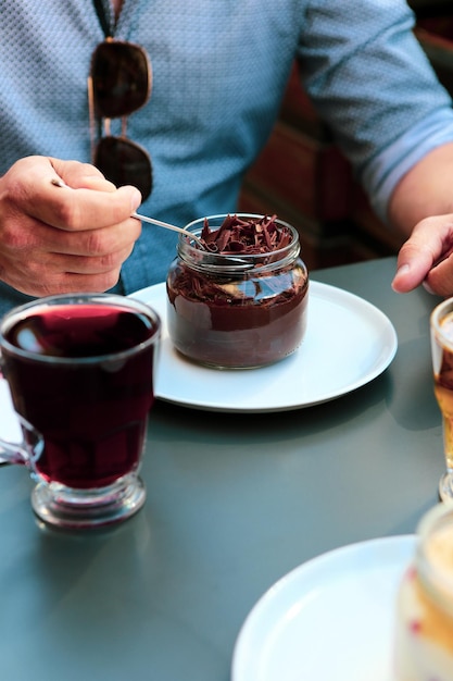 Very delicious dessert in jars sweet and cakes in jars