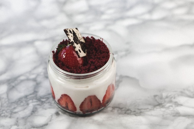 Very delicious dessert in jars, sweet and cakes in jars