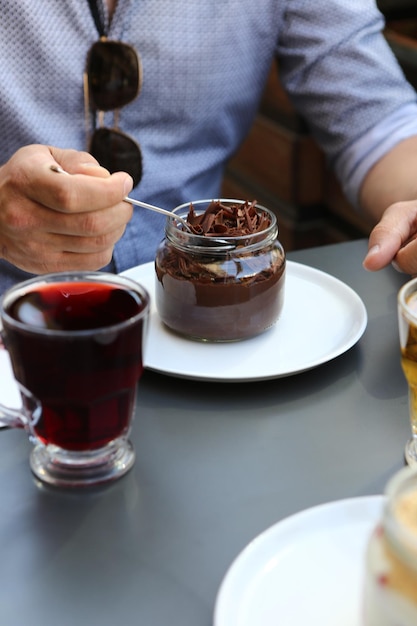 Very delicious dessert in jars sweet and cakes in jars