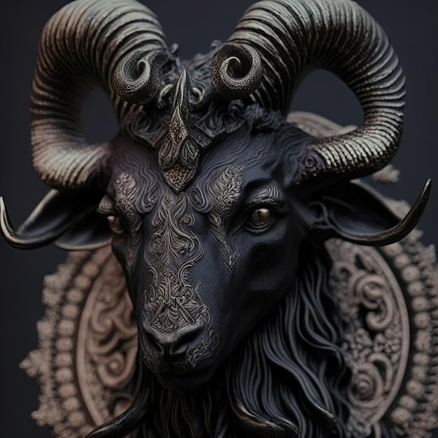 A very detailed black sculpture of an aries zodiac sign