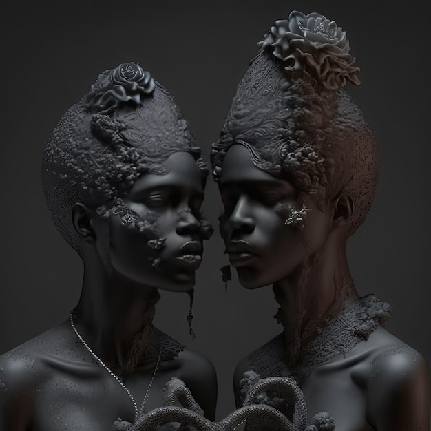 A very detailed black sculpture of the Gemini zodiac sign