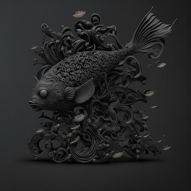 A very detailed black sculpture of the pisces zodiac sign