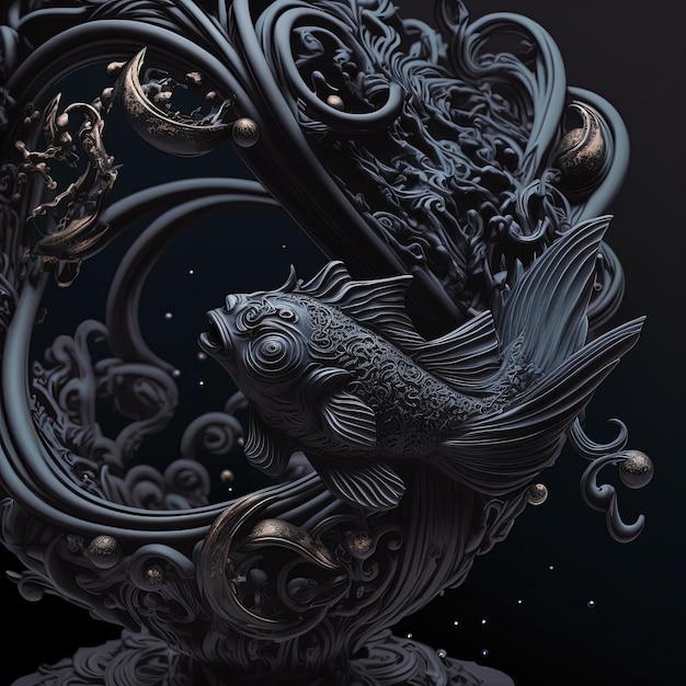 A very detailed black sculpture of the Pisces zodiac sign