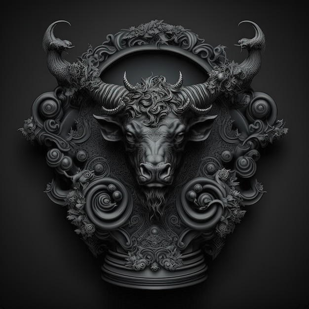 A very detailed black sculpture of the Taurus zodiac sign