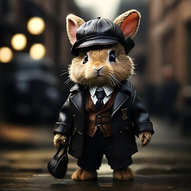 Photo very detailed illustration of a cute bunny dressed as tommy shelby ai