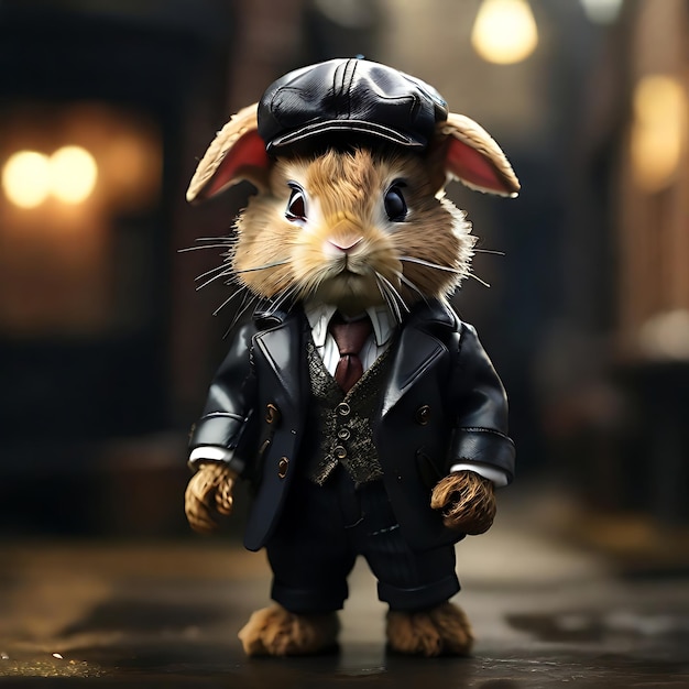 Photo very detailed illustration of a cute bunny dressed as tommy shelby ai