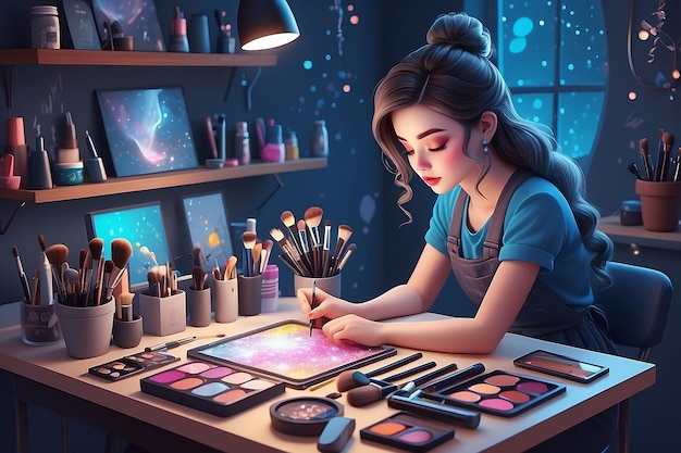 very detailed tiny cute Makeup Artist cinematic lighting effect
