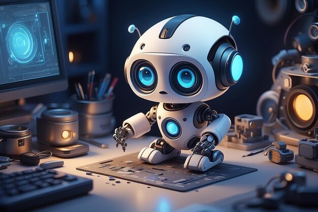 very detailed tiny cute Robot Technician cinematic lighting effect