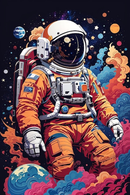 매우 세부적인 우주비행사가 은하계 배경에서 길을 잃었습니다. 티셔츠 디자인 스트리트 디자인