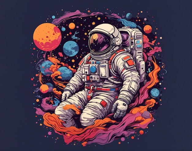 Очень детализированный астронавт, затерянный в галактике, фон, дизайн футболки, дизайн уличной одежды