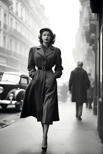 Foto donna molto elegante che camminava per parigi nel 1950 monocromatica