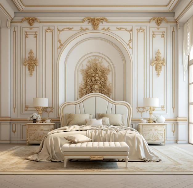 a very fancy bedroom decorated in gold and white