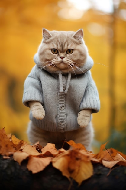 A very fat cute cat in a sweater stands on its hind legs