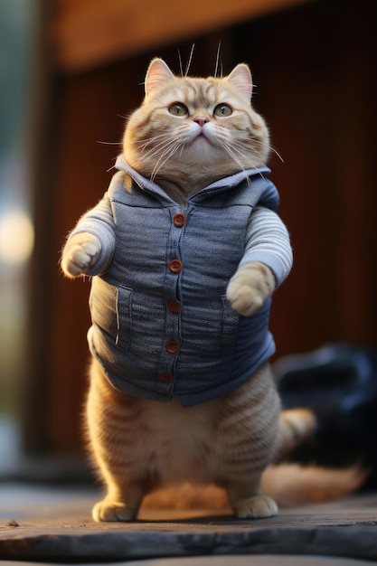 A very fat cute cat in a sweater stands on its hind legs