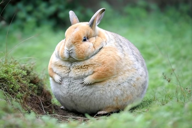 Foto coniglietto molto grasso divertente pasqua coniglio lanuginoso su sfondo verde giardino natura al giorno di sole simbolo del giorno di pasqua generativo ai