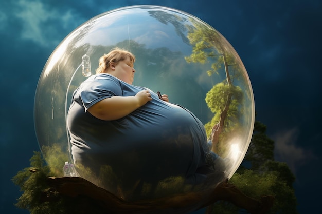 Очень толстая женщина в пузырьке как символ одиночества людей с избыточным весом Концепция опасностей
