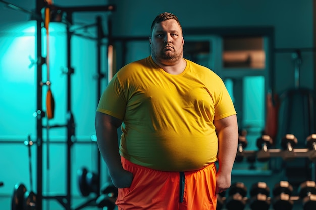 Photo a very fat young man with a sad face stands in a weight room next to dumbbells and barbells unsportsmanlike guy at his first workout at the gym