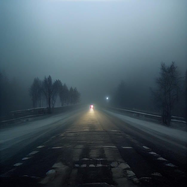 A very foggy night road with a dreary atmosphere