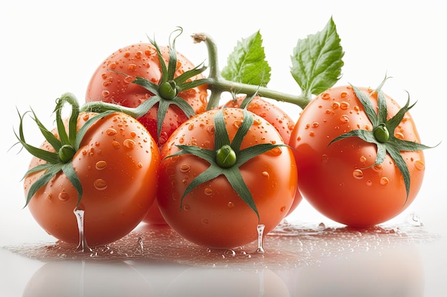 Very fresh tomatoes with water drops on white background