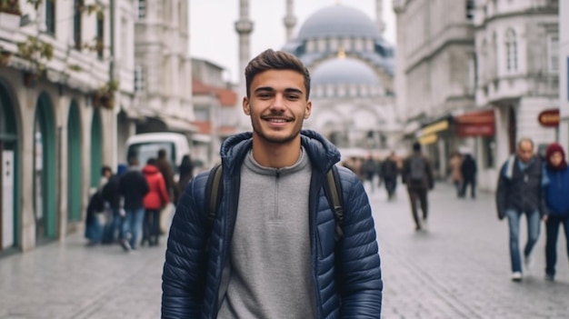 A very handsome and smiling Turkish Muslim teenage boy stands in front of the mosque