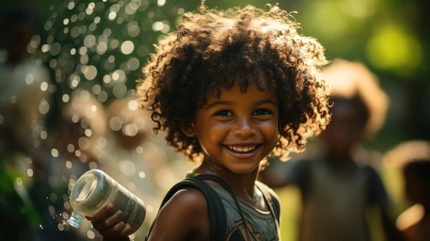 Very happy African boy with a water bottle in hand