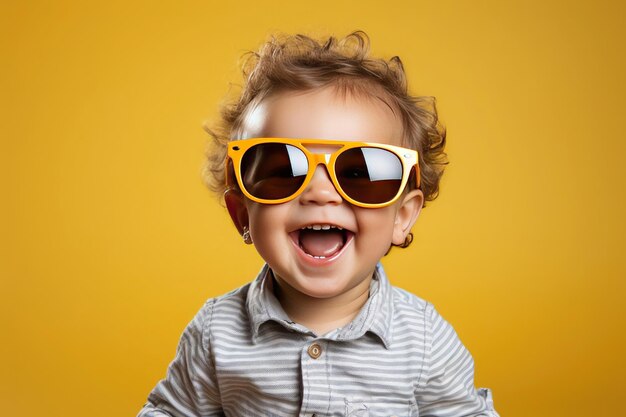 Very happy baby with yellow sunglasses and yellow background