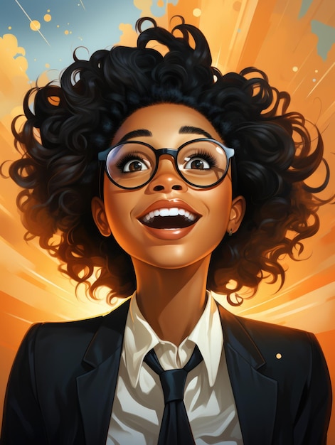 Карикатура на очень счастливую чернокожую бизнес-леди