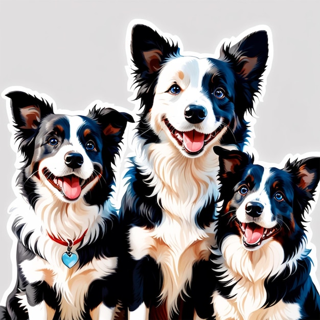 very happy border collies in tricolor black merle colors with a cute smile on their face they