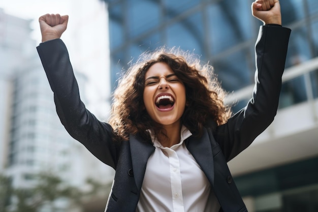 Very happy businesswoman rejoices at a successful project