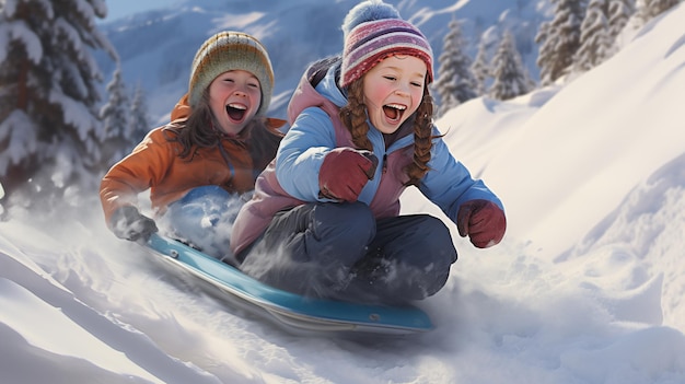 Photo very happy children slide down a snowy slope on a sleigh