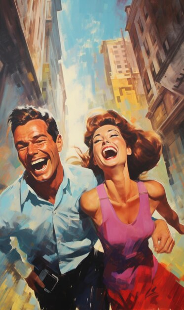 A very happy couple celebrating with the city in the background vintage illustration