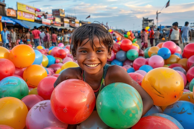 very happy indian boy playing with balloons in the streets of india