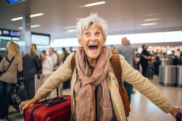 Very happy old woman at airport terminal