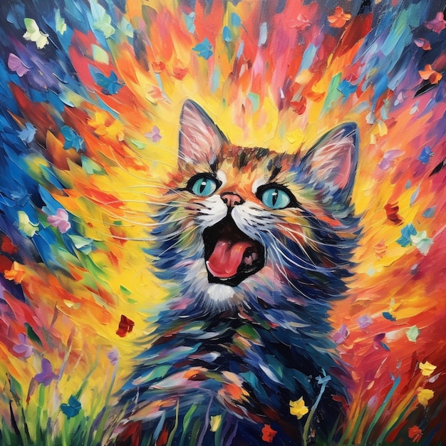 Very happy rainbow colored watercolor kitten painting image AI generated art