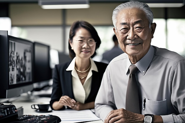 Very happy senior asian man with secretary in office Generative AI illustration