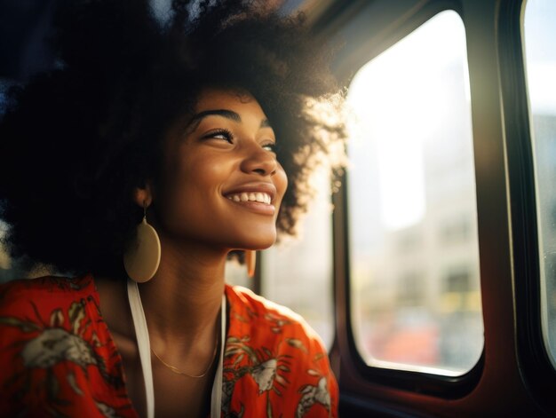 A very happy young american black skin woman tourist on a bus Outside the window New York on summer