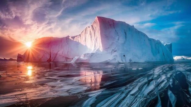 Very large and beautiful chunk of ice at sunrise in winter