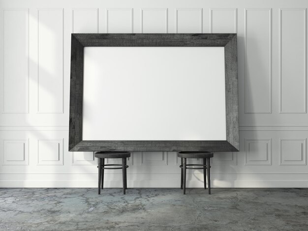 Very Large Horizontal black wooden Frame Mockup standing on the two wooden chairs 3d rendering