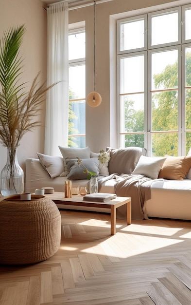 Очень светлый и яркий интерьер уютной гостиной с огромным окном шикарной мягкой бежевой мебели