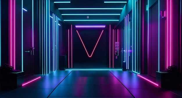 A very long hallway with neon lights on the walls