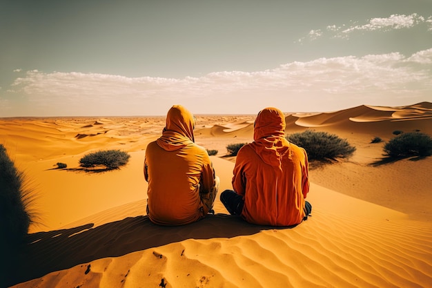 A very long image of two individuals sitting on a dune