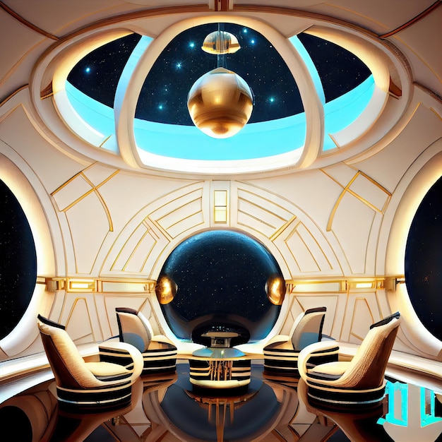 Very luxurious futuristic interior in space with planetarium technologies and domes created with gen